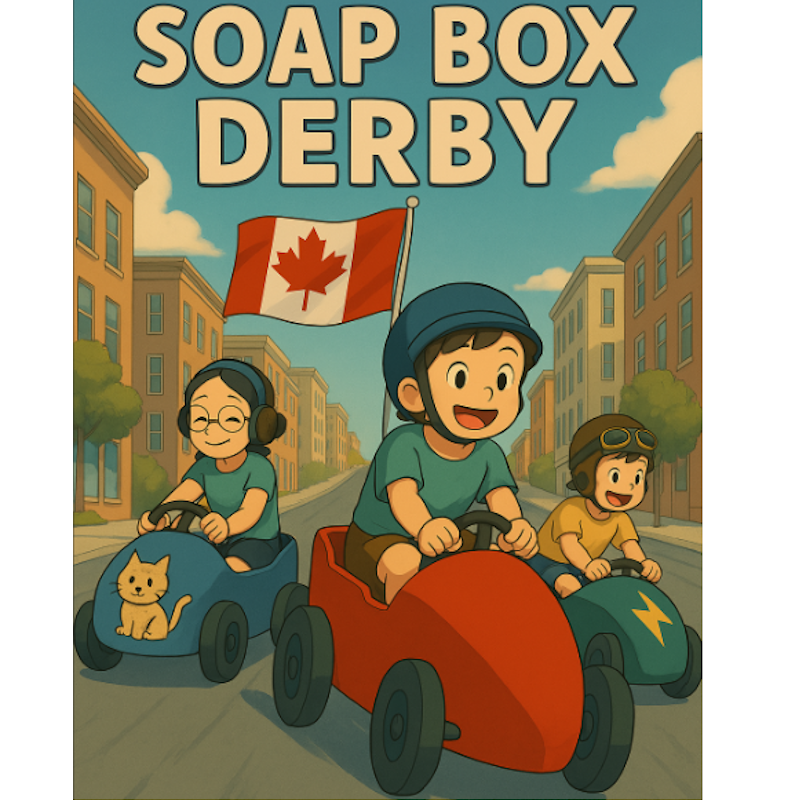 Soap box derby illustration: kids racing wooden cars down a tree-lined street